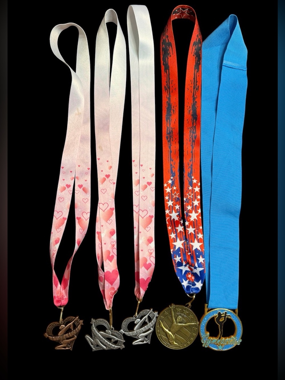 Gymnastics Award Medals with Pink, Red and Blue Ribbons 5 included